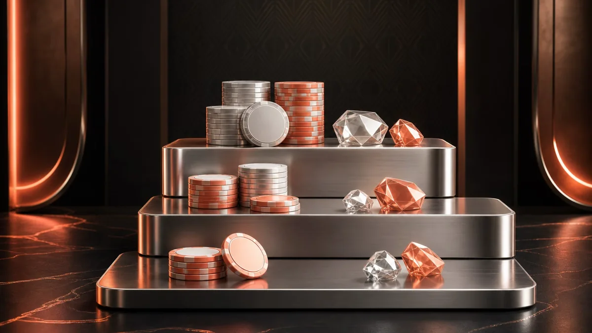 Three-stage casino welcome package represented by unlabelled cards and chips