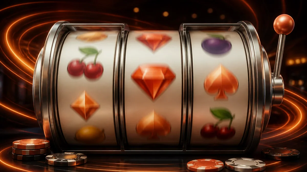 Unlabelled casino reels in motion with coral and silver lighting